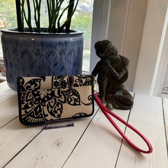 Spartina | Black and Cream Floral Wallet/Wristlet with Coral Pink Accents - Picture 3 of 8